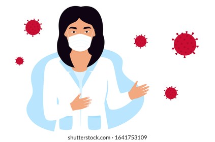 Woman doctor in a white medical coat and protective mask talks about Chinese virus 2019-nCoV. Coronavirus treatment. Concept of quarantine, prevent infection