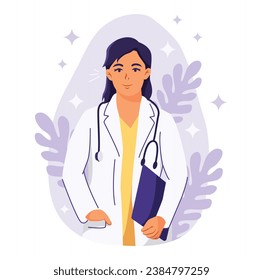 Woman doctor in white medical uniform. Practitioner young doctor woman. Consultation and diagnosis. Modern clinic. Online medical. Flat Vector Illustration