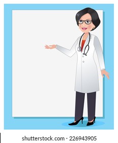 Woman doctor in white uniform with a blank board for your text