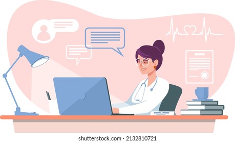 A woman doctor in a white uniform sits at her desk and gives online health consultations via the Internet. The concept of online medicine. A remote consultation by a doctor to a sick person. 