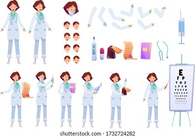 Woman doctor in white uniform with symbols. Female medical specialist and syringe, clipboard pills and reciepes. Vector clinic people