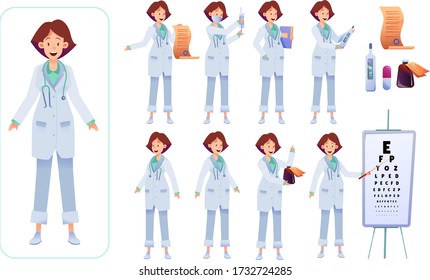 Woman doctor in white uniform with symbols. Female medical specialist and syringe, clipboard pills and reciepes. Vector clinic people