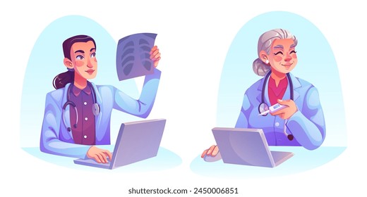 Woman doctor working at desk with laptop. Cartoon vector set of young and old female medical specialist in white clothes with stethoscope on neck sitting at table with computer in clinic office.