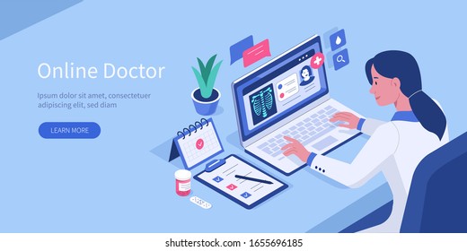 Woman Doctor Working With Laptop Computer In Her Office. Therapist Filling Patients Medical History Online. Hospital Staff At Work. Online Medicine Concept. Flat Isometric Vector Illustration.