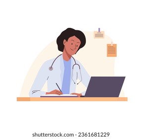 Woman doctor works in the office on laptop and writes prescription to patient. Female physician in medical uniform with stethoscope. Flat vector illustration