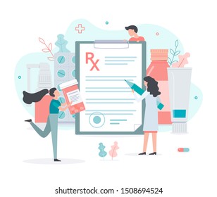 A woman doctor writes a medical prescription. Pharmacist carries a jar of capsules. Medical concept with tiny people. Flat vector illustration.