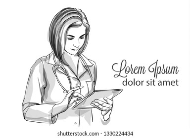 Woman doctor writing notes Vector sketch storyboard. Detailed character illustrations