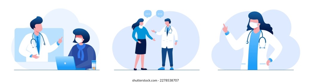 Mujer en la cita del doctor. Consultar al médico y al paciente. Médico en línea. Ilustración vectorial plana