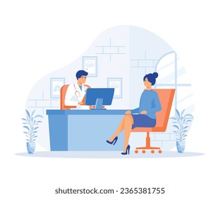 Woman at the doctor's appointment. girl and male doctor sitting and talking at the table in the office. flat vector modern illustration