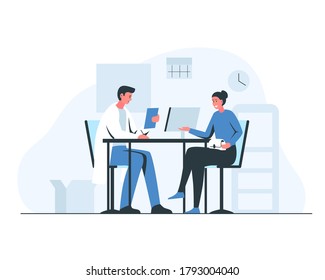 Woman at the doctor's appointment. Vector concept illustration of a smiling girl and male doctor sitting and talking at the table in the office. Interior of a consulting room with doctor and patient