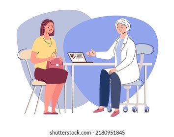 Woman in doctor's office. Physician consults female patient, writes out prescribe pills. Vector characters flat cartoon illustration.