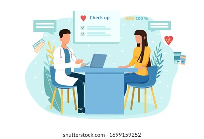 Woman in a doctors surgery getting a Health Check seated across the desk from him as he enters her records on a computer, vector illustration