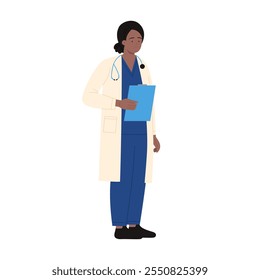 Woman with doctors uniform and stethoscope holding clipboard with medical document vector illustration