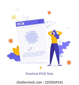 Woman and document confirming viral infection. Concept of positive PCR test result, confirmation of COVID-19 infected status, coronavirus detection diagnostics. Flat vector illustration for banner.