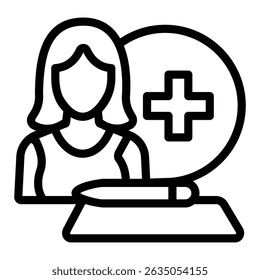 Woman and document with pen line icon, family lawyer concept. Vector graphics. Medical insurance policy, human rights sign on white background, style mobile or design