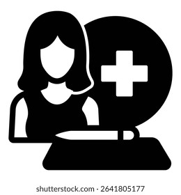 Woman and document with pen solid icon, family lawyer concept. Vector graphics. Medical insurance policy, human rights sign on white background, style mobile or design