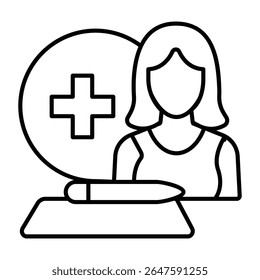 Woman and document with pen thin line icon, family lawyer concept. Vector graphics. Medical insurance policy, human rights sign on white background, style mobile or design