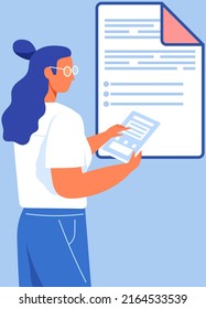 Woman with document works in accounting, data analysis, audit, project management, research concept. Office paper sheet, digital papework icon. Female works with statistics and data analysis documents
