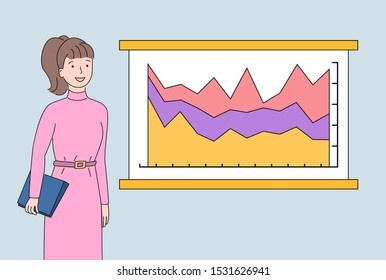 Woman with documents in clipboard vector, whiteboard with infocharts and timeline with info about project development, growing flowcharts on board