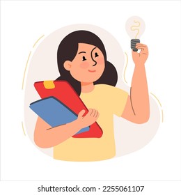 A woman with documents and a light bulb. The concept of a business idea, startup, organization, brainstorming.