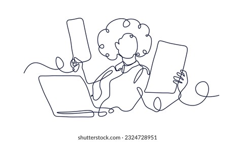 Frau mit Dokumenten-Line-Konzept. Junge Mädchen in der Nähe von Laptop. Sekretär und Büroangestellter, Büroangestellter. Minimalistische Kreativität und Kunst. Lineare, flache Vektorgrafik einzeln auf weißem Hintergrund