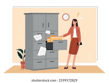 Woman with documents. Young girl takes out folder from archive. Work with statistics, analytical department, workplace manager. Poster or banner for website. Cartoon flat vector illustration