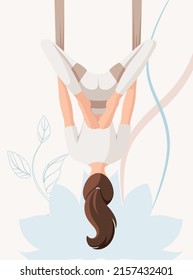 A woman does aero yoga. Cartoon design.
