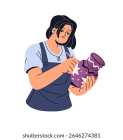 Woman does ceramics, painting clay vase. Girl is making pottery, drawing crock with paint brush. Potter holds ware, creates crockery in art class. Flat isolated vector illustration on white background