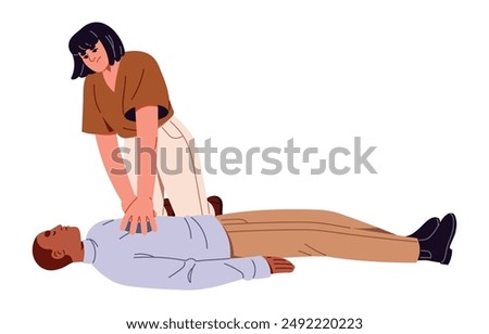 Woman does CPR to unconscious person. First aid in heart attack. Cardiac massage in emergency. Medical help, reanimation in accident. Life rescue. Flat isolated vector illustration on white background