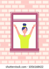 Woman does fitness exercise near open window, lady stretches hands greeting someone from window-frame, girl neighbour in window on brick wall background