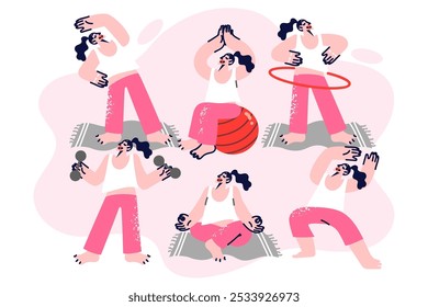 Woman does fitness and gymnastics, doing exercises after waking up on yoga or meditation mat. Sporty girl leads healthy lifestyle and uses fitness to avoid excess weight and health problems.