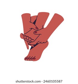 Woman does foot massage. Girl kneads her soles with hands. Person relaxes, cares about her body, legs. Reflexology, beauty procedure in spa salon. Flat isolated vector illustration on white background