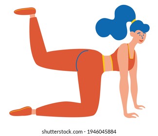 The woman does gymnastics, training, shakes the muscles of the legs. Girl who does exercises for the buttocks and hips. Fitness Girl. Lady working on her leg muscles.Vector illustration on fitness.