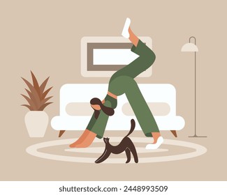 A woman does gymnastics, yoga with a cat in a home interior. Hobby and leisure concept. Illustration, clipart, vector