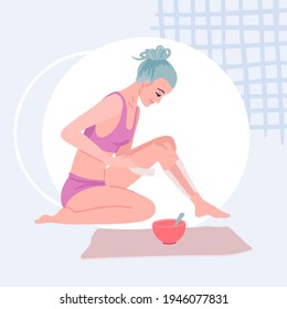 Woman Does Her Leg Hair Epilation, Foot Care At Home, Wax Epilation,shave Legs, Peel Off The Strip. Home Self-care, Quarantine Time At Home. Vector Flat Illustration