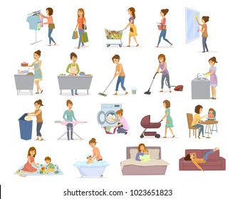 woman does household activities, washing, cleaning, make laundry, cooking, baking, shopping, irons, sorting garbage, take care of child, bathing, feeding, playing teaching, lying exhausted on sofa