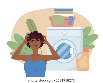 La mujer lava la ropa. Chica joven cerca de la lavadora con lavabo de ropa sucia. Limpieza e higiene. Ama de casa con la rutina y las tareas del hogar. Ilustración vectorial plana