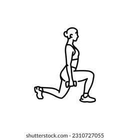 Woman does lunges with dumbbells black line icon. Pictogram for web page, mobile app, promo.