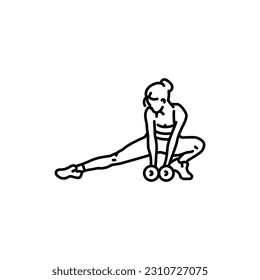 Woman does lunges with dumbbells black line icon. Pictogram for web page, mobile app, promo.