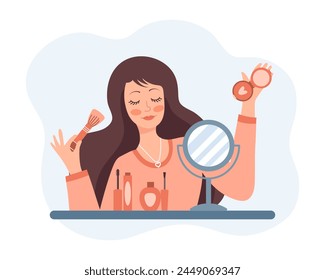 A woman does makeup in front of a mirror. Beauty concept. Illustration, clipart, vector