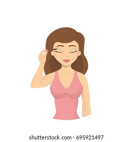 Woman does make-up. Girls morning routine for beauty.
