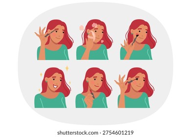 Woman does makeup step by step and takes care of facial skin before going on date with boyfriend. Girl does makeup wanting to look better and please handsome young man from college.