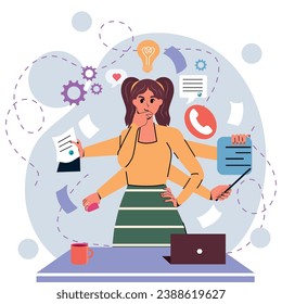 Woman does many things at the same time. Multitasking. Importance. Have a business and a businesswoman. Character. Trendy person. White background. Vector stock illustration. Isolated. Flat style.