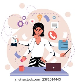 Woman does many things at the same time. Multitasking. Importance. Have a business and a businesswoman. Character. Trendy person. White background. Vector stock illustration. Isolated. Flat style.