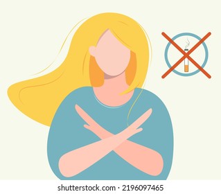 The woman does not tolerate smoking. Quit smoking, it's dangerous for your health and the environment. Observe fire safety measures. No bad habits. Concept vector flat illustration.Stop gesture.