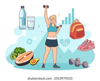 Woman does sports. Healthy lifestyle habits, morning exercises, girl with dumbbells, high quality of life, healthy body, fresh food and pure water, cartoon flat isolated vector concept