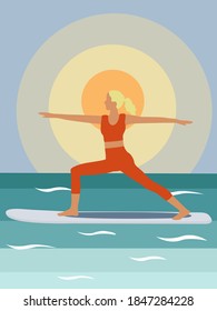 A woman does stand-up rowing sup yoga on a paddle Board on the water by the sea. Stand Up Paddle Yoga Workout