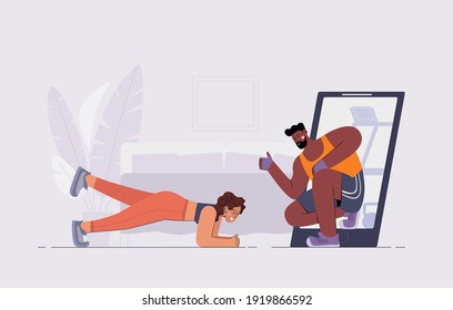 A Woman Does Workout  At Home With An Online Coach In Her Smartphone. Hand Drawn Vector Illustration For A Social Media, Banner, Add.