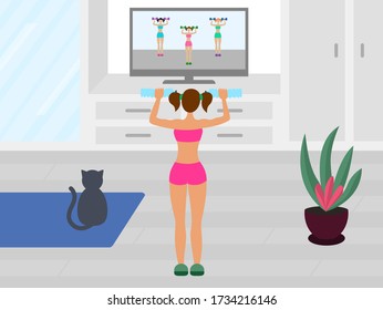 Woman does a workout while watching TV. Online fitness training. Physical exercises at home. Stock vector illustration.