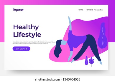 Woman does yoga exercise, yoga pose in the park Modern flat design concept of web page design for website, header and mobile. Flat Cartoon Vector Illustration.